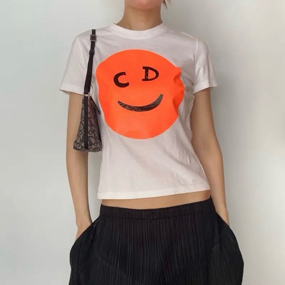 AUTH VTG Christian Dior Neon Orange Smiley Face CD Logo Graphic Tee Shirt Top - Picture 14 of 15